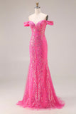 Vestido largo largo de graduación descapotable de sirena fucsia fucsia brillante con lentejuelas