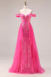 Vestido largo largo de graduación descapotable de sirena fucsia fucsia brillante con lentejuelas