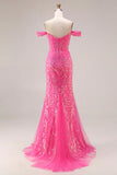Vestido largo largo de graduación descapotable de sirena fucsia fucsia brillante con lentejuelas