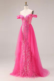 Vestido largo largo de graduación descapotable de sirena fucsia fucsia brillante con lentejuelas