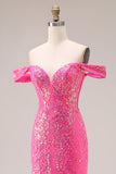 Vestido largo largo de graduación descapotable de sirena fucsia fucsia brillante con lentejuelas