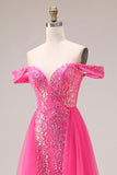 Vestido largo largo de graduación descapotable de sirena fucsia fucsia brillante con lentejuelas