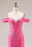 Vestido largo largo de graduación descapotable de sirena fucsia fucsia brillante con lentejuelas