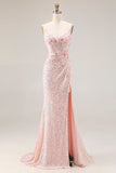 Vestido largo de graduación sin espalda con cuentas de sirena rosa brillante bordado y con abertura