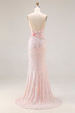 Vestido largo de graduación sin espalda con cuentas de sirena rosa brillante bordado y con abertura