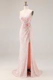 Vestido largo de graduación sin espalda con cuentas de sirena rosa brillante bordado y con abertura