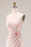 Vestido largo de graduación sin espalda con cuentas de sirena rosa brillante bordado y con abertura