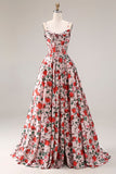 Vestido de graduación de graduación largo de cintura vasca con tirantes finos de flor rosa roja y tirantes finos