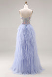 Vestido largo de graduación con tirantes finos de tul con tirantes finos aplicado a ciruela ciruela clara