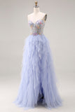 Vestido largo de graduación con tirantes finos de tul con tirantes finos aplicado a ciruela ciruela clara