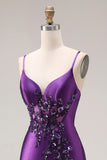 Vestido largo de graduación con tirantes finos de sirena morado con tirantes finos y abertura