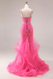 Corsé de sirena con organza fucsia y tirantes finos, vestido largo de graduación con apliques