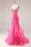 Corsé de sirena con organza fucsia y tirantes finos, vestido largo de graduación con apliques