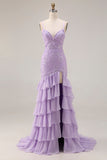 Vestido largo de baile de graduación con tirantes de sirena morada con tirantes finos con cordones en la espalda