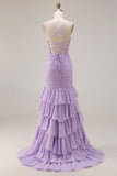 Vestido largo de baile de graduación con tirantes de sirena morada con tirantes finos con cordones en la espalda