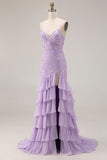 Vestido largo de baile de graduación con tirantes de sirena morada con tirantes finos con cordones en la espalda