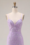 Vestido largo de baile de graduación con tirantes de sirena morada con tirantes finos con cordones en la espalda