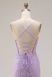Vestido largo de baile de graduación con tirantes de sirena morada con tirantes finos con cordones en la espalda