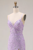 Vestido largo de baile de graduación con tirantes de sirena morada con tirantes finos con cordones en la espalda