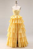 Vestido de graduación amarillo Sweetheart A-Line con cordones y cordones en la espalda con abertura