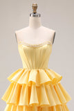 Vestido de graduación amarillo Sweetheart A-Line con cordones y cordones en la espalda con abertura