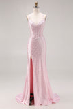 Vestido largo de baile de fin de curso con perlas de cuentas de sirena rosa claro y abertura