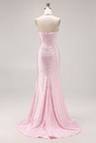 Vestido largo de baile de fin de curso con perlas de cuentas de sirena rosa claro y abertura