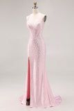 Vestido largo de baile de fin de curso con perlas de cuentas de sirena rosa claro y abertura