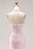 Vestido largo de baile de fin de curso con perlas de cuentas de sirena rosa claro y abertura