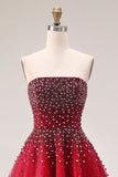 Vestido largo de tul A-Line sin tirantes rojo con abalorios