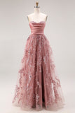 Vestido largo de graduación Dusty Rose, tirante y bordado con cuentas y corte de rosa polvorienta