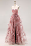 Vestido largo de graduación Dusty Rose, tirante y bordado con cuentas y corte de rosa polvorienta