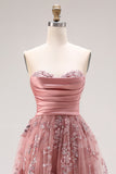 Vestido largo de graduación Dusty Rose, tirante y bordado con cuentas y corte de rosa polvorienta