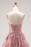Vestido largo de graduación Dusty Rose, tirante y bordado con cuentas y corte de rosa polvorienta