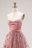 Vestido largo de graduación Dusty Rose, tirante y bordado con cuentas y corte de rosa polvorienta