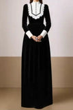 Vestido formal largo de terciopelo blanco y negro, línea en A y cuello alto