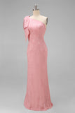 Vestido largo de dama de honor con flores de sirena rosa rubor y lazo