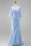 Vestido de madre de la novia de chiffon azul celeste, línea en V y escote en V con manga