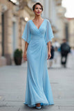 Vestido de madre de la novia de chiffon azul celeste, línea en V y escote en V con manga