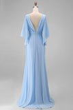 Vestido de madre de la novia de chiffon azul celeste, línea en V y escote en V con manga