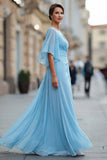 Vestido de madre de la novia de chiffon azul celeste, línea en V y escote en V con manga