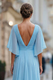Vestido de madre de la novia de chiffon azul celeste, línea en V y escote en V con manga