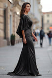 Vestido de Madre de la Novia con Arrugas Sirenas Negras y Manga