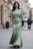 Vestido de Madre de la Novia de Satén Verde Salvia con manga media