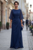 Vestido de madre de la novia de chiffon azul marino fruncido A con manga media