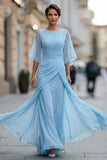 Vestido de madre de la novia de chiffon azul marino fruncido A con manga media