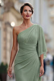 Vestido de sirena de un hombro de un hombro con manga de la sirena de la novia verde salvia