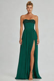 Vestido largo largo de gasa sin tirantes verde verde oscuro A Line con abertura