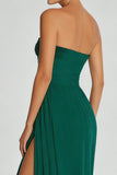 Vestido largo largo de gasa sin tirantes verde verde oscuro A Line con abertura