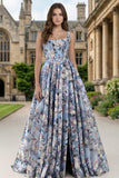 Corsé azul: Vestido largo floral con cuello cuadrado estampado en línea y abertura